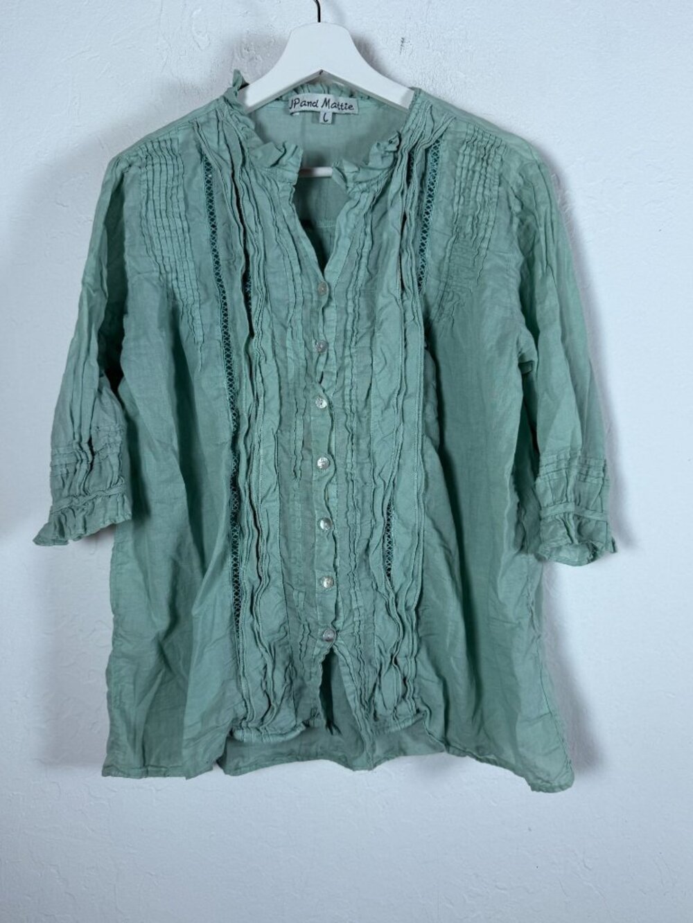 JP & Mattie Womens Large Sage Green Crinkle Cotton Lace Trim Button Front Top